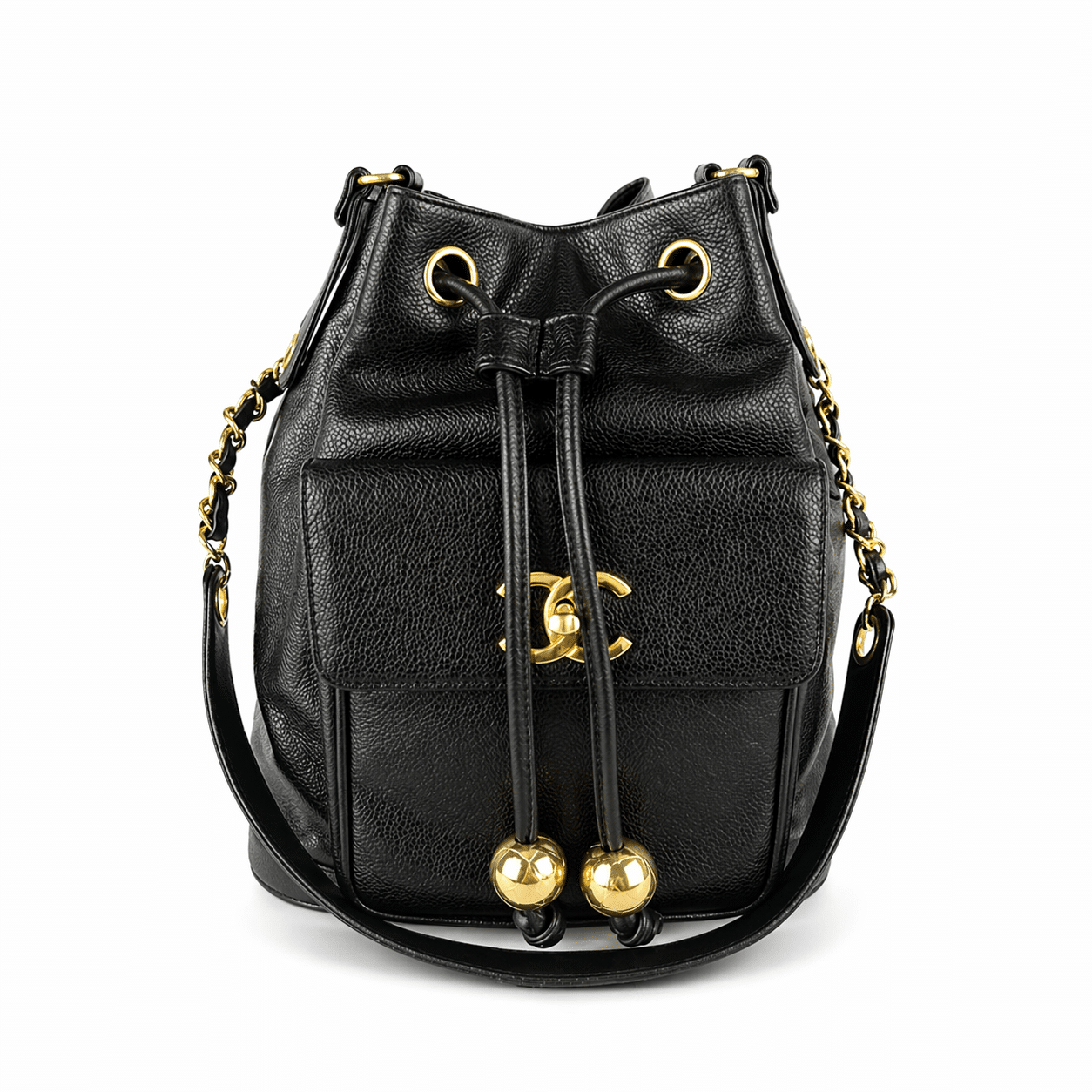 Chanel 1995 Vintage Beuteltasche mit Kordelzuck Caviar Leder