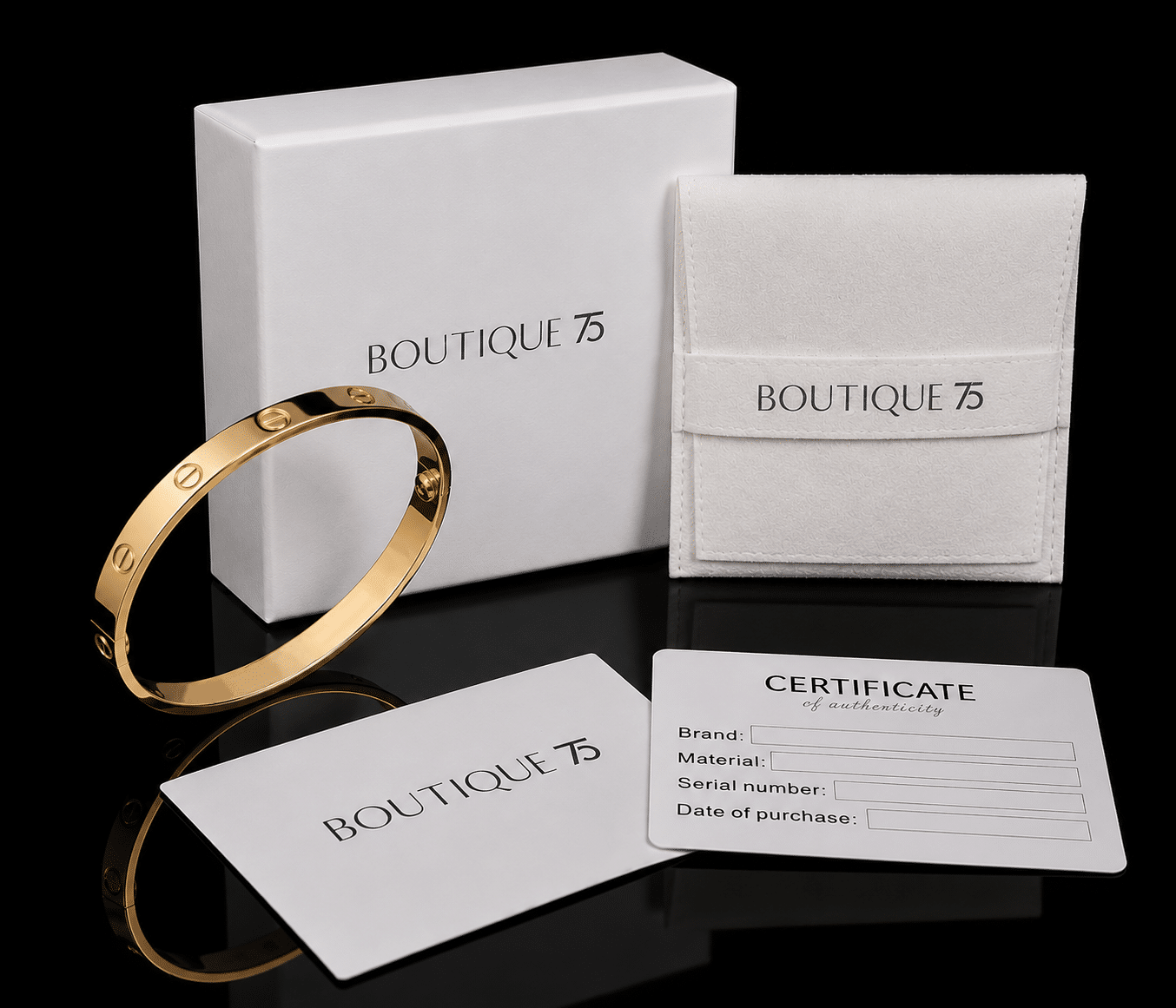 Boutique75 Verpackung: Box, Samtbeutel und Echtheitszertifikat