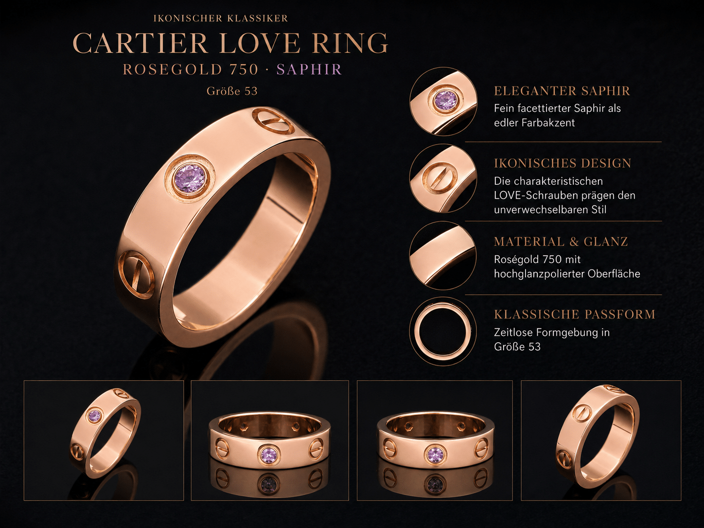 Cartier Love Ring Roségold 750 mit pinkem Saphir, Größe 53