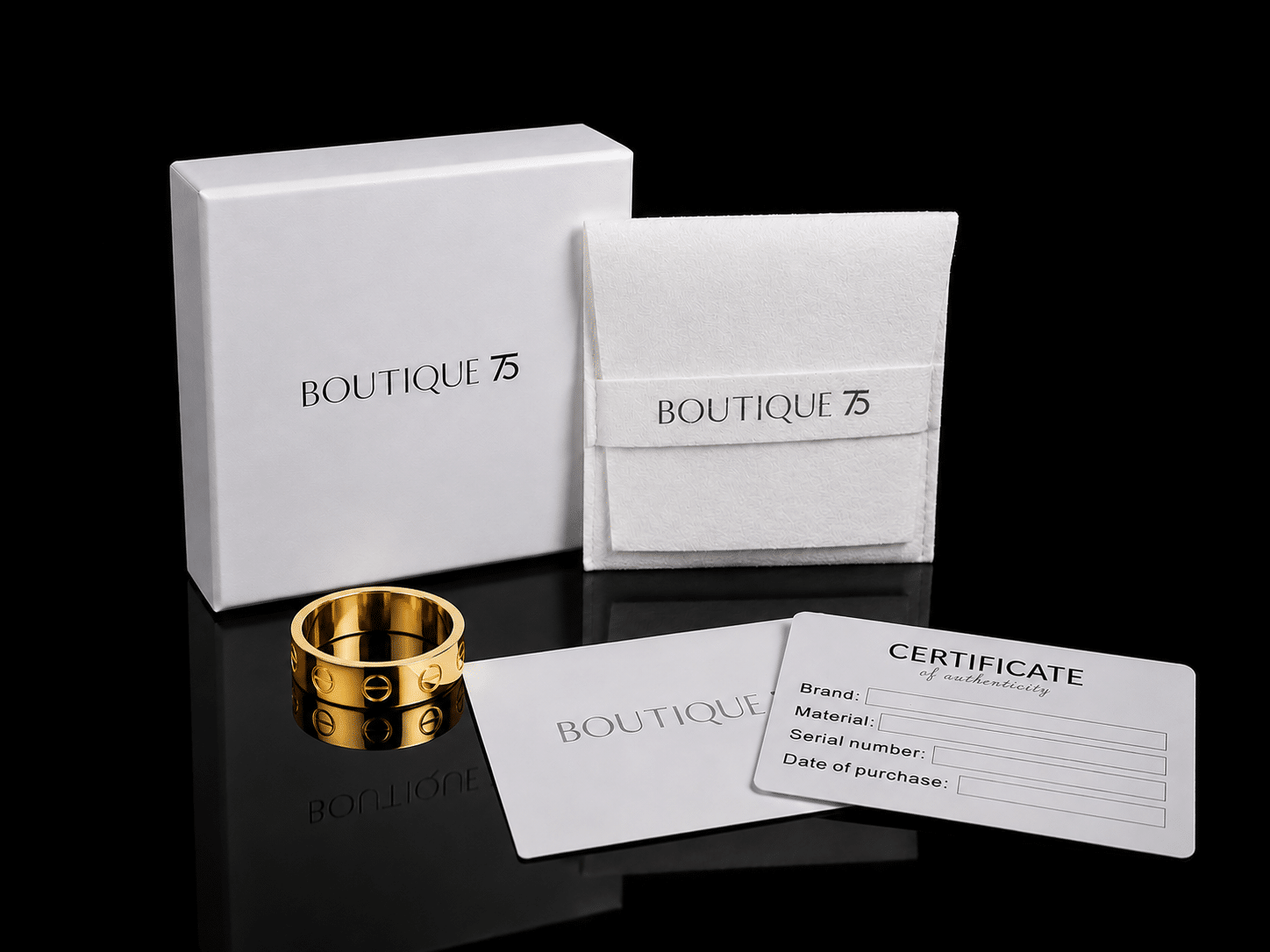 Boutique75 Verpackung: Box, Samtbeutel und Echtheitszertifikat
