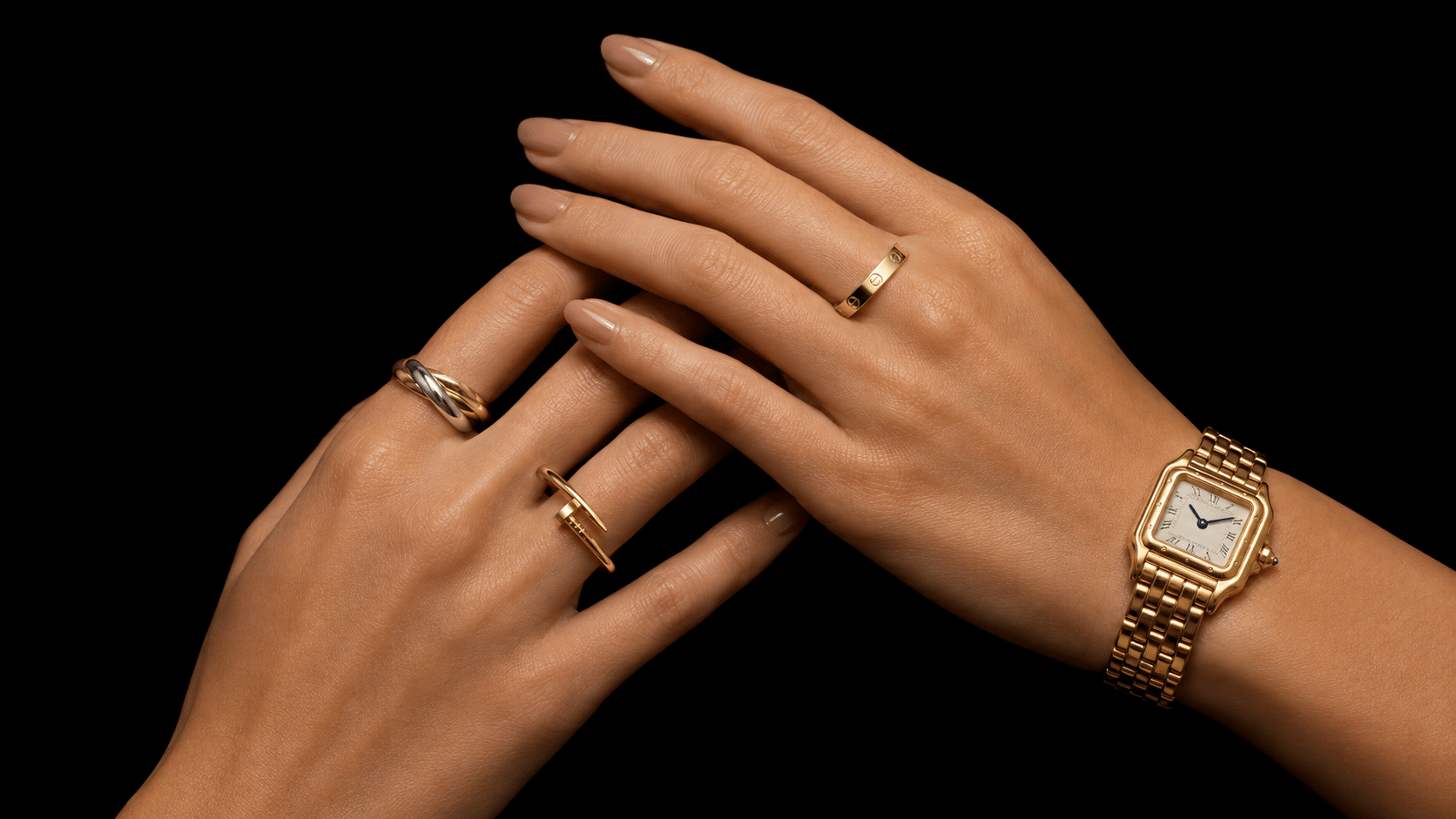 Cartier Trinity, Love und Juste un Clou Ring am Finger getragen als Wertanlage