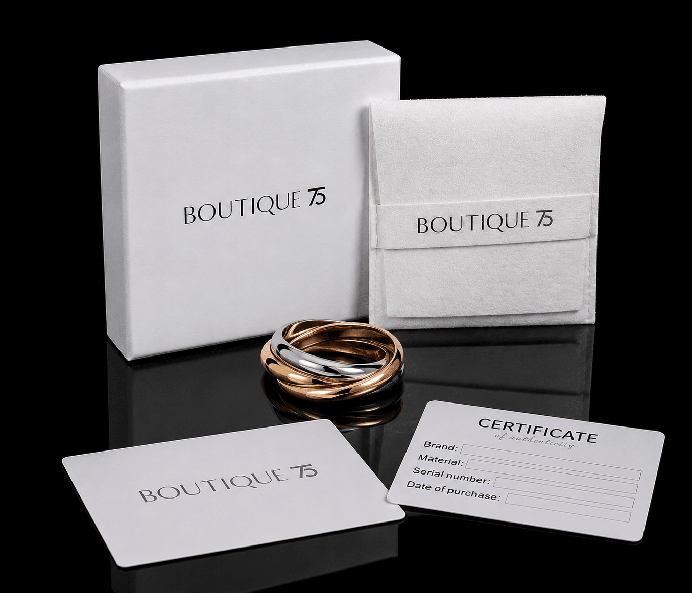 Boutique75 Verpackung: Box, Samtbeutel und Echtheitszertifikat