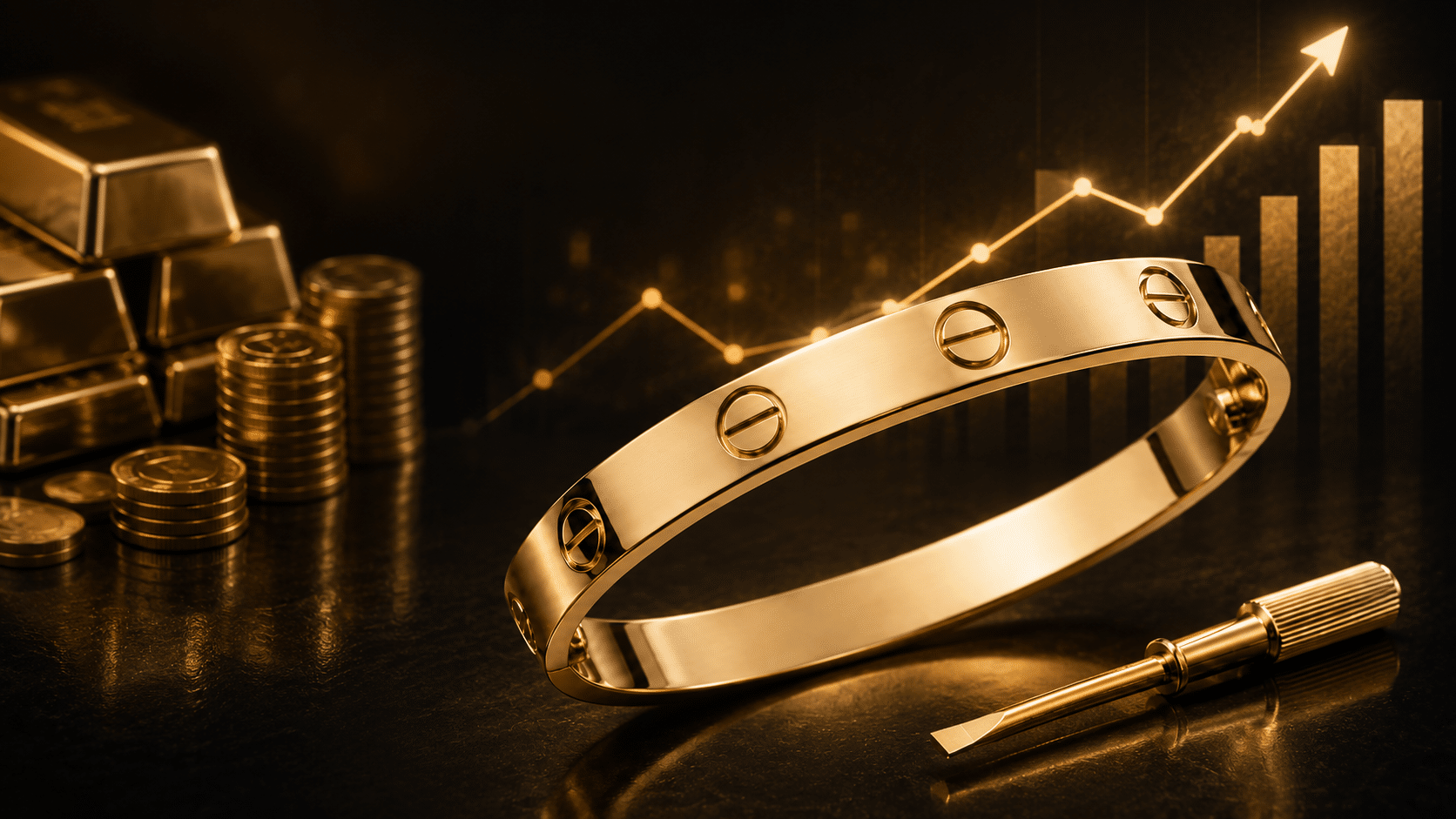 Ist ein Cartier Armband eine Wertanlage – Cartier Love Armreif in Gelbgold mit Goldbarren und steigender Wertkurve