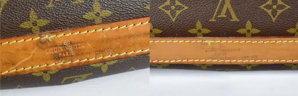 Louis Vuitton Lederstempel vor und nach der Pflege im Vergleich