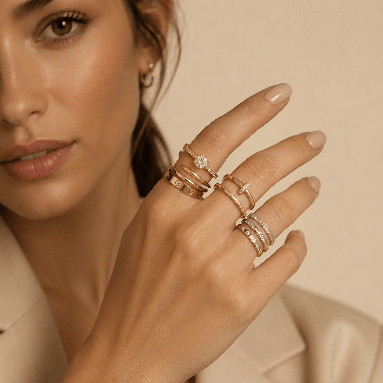 Cartier Ringe in Gelbgold kombiniert an einer Hand: Ring mit Schraubenmotiv, Solitär und Diamant-Memoire-Ringe
